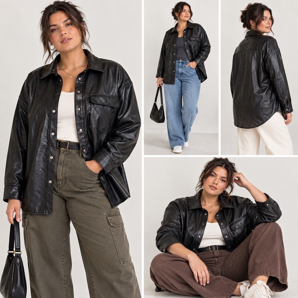 Black Faux Vegan Leather Shacket Snap Front Shirt 2X Capsule Edgy Moto Baddie